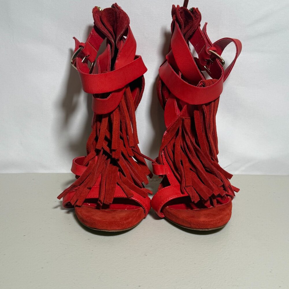 Bebe Red Tassled Stilleto, Suede, Size 6